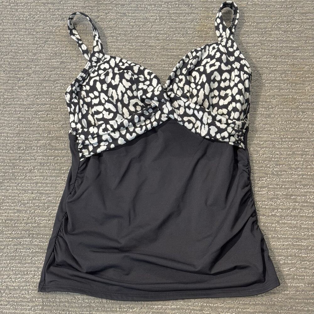 Lands End Size 8 Swim‎ Tankini Top Wrap Front V-Neck W/ Bra Black White Abstract